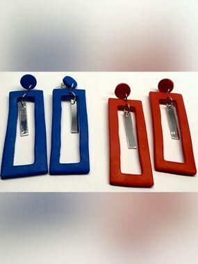 Red & Blue Polymer Clay Statement Earrings Bundle | Geometric Dangle Earrings